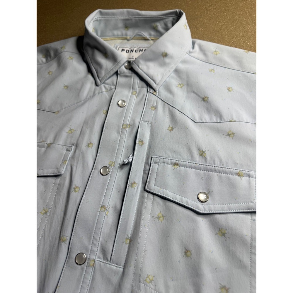 Poncho Outdoors Mens S Blue Fly Pattern Western Pearl Snap Short Sleeve Shirt